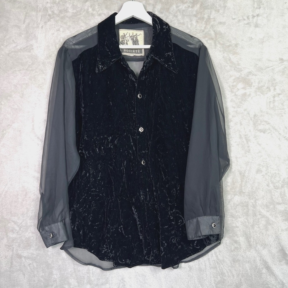 Dark Vintage Y2K Société Black Velvet‎ Sheer Sleeve Gothic Witchy Button Top L